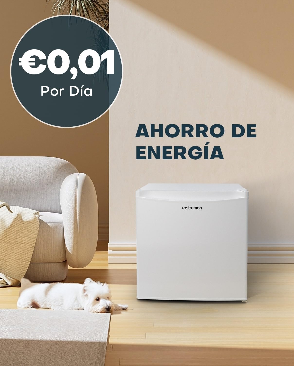 Mini Nevera Upstreman 46L – Compacta, Silenciosa, Bajo Consumo, 5 Niveles de Temperatura, Puerta Reversible, Blanca
