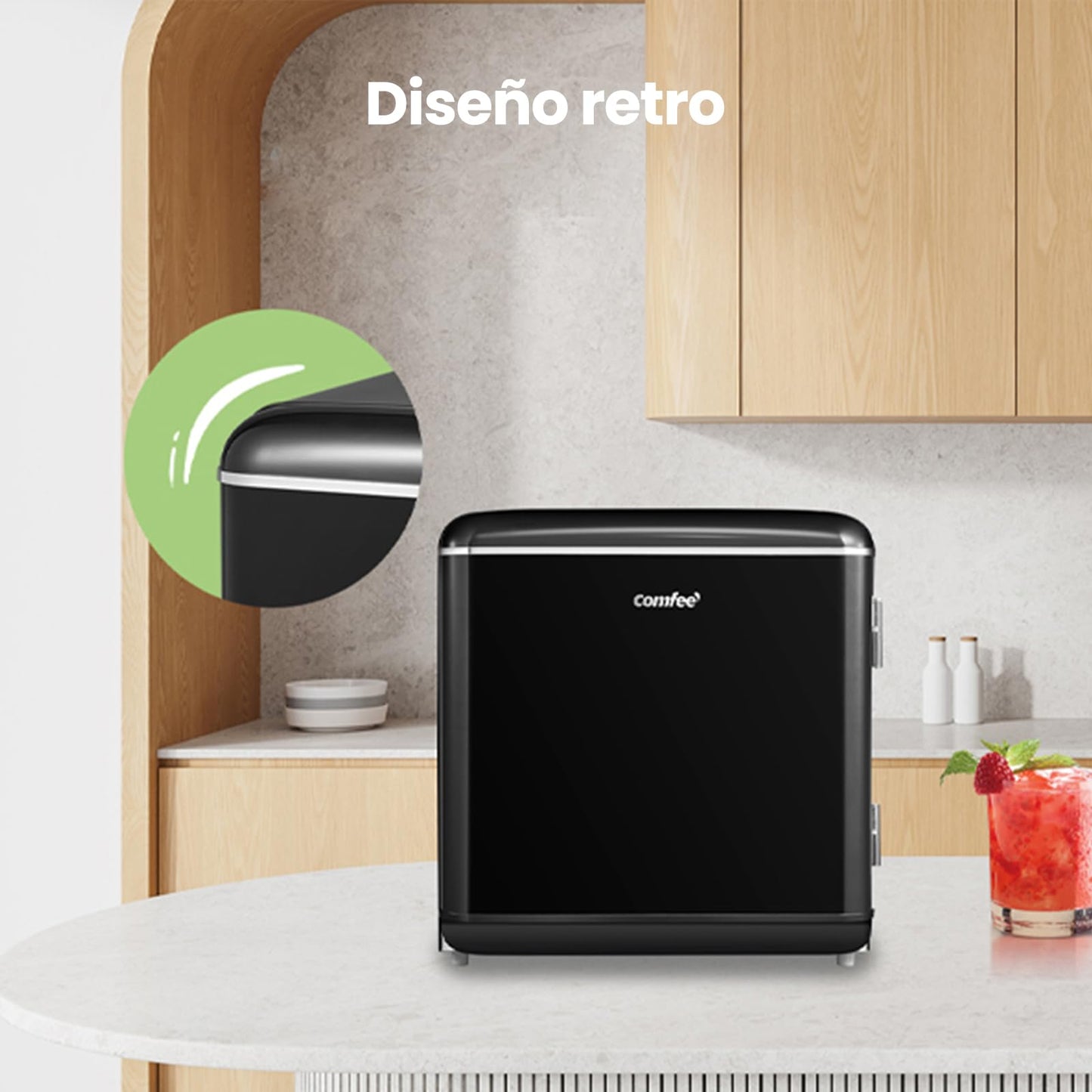 Frigorífico Retro Comfee' RCD50BL2EURT(E) – Mini Bar 47L con Compartimento Enfriador y Control Mecánico, Negro