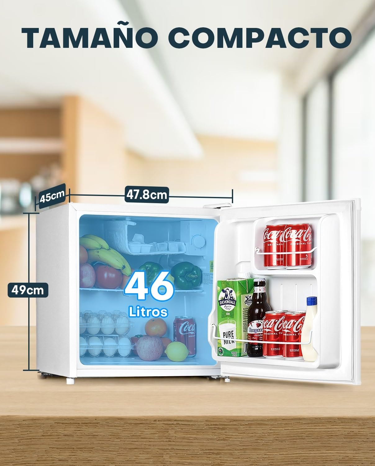 Mini Nevera Upstreman 46L – Compacta, Silenciosa, Bajo Consumo, 5 Niveles de Temperatura, Puerta Reversible, Blanca