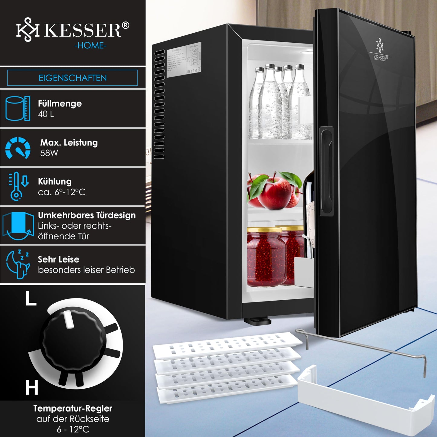 KESSER® Mini Frigorífico 40L – Puerta de Cristal, Silencioso 22dB, Termostato, Cerradura con Llave, Iluminación LED, Negro