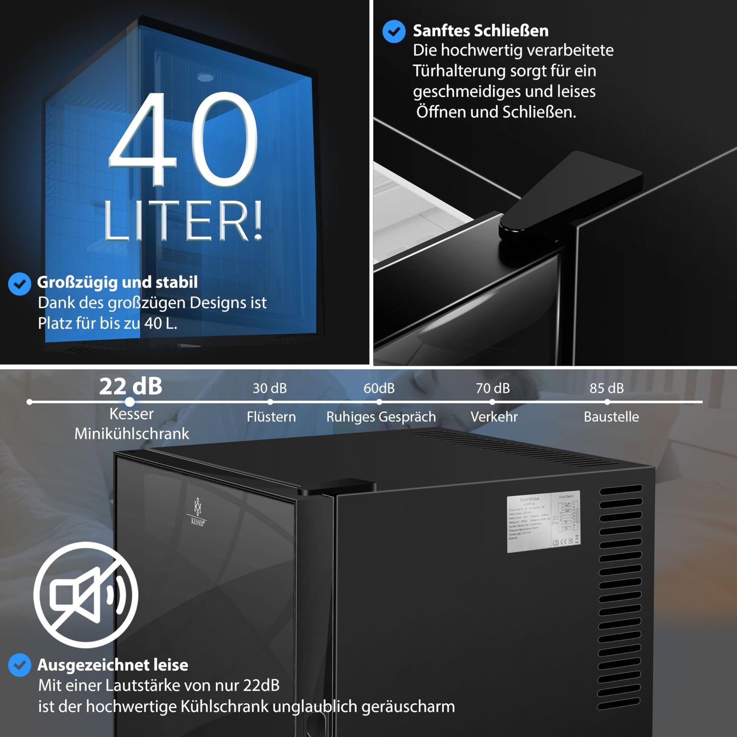 KESSER® Mini Frigorífico 40L – Puerta de Cristal, Silencioso 22dB, Termostato, Cerradura con Llave, Iluminación LED, Negro