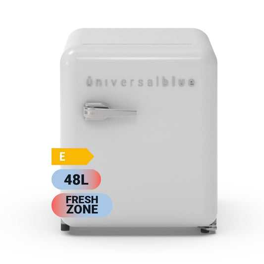 Frigorífico UNIVERSALBLUE COMO 6032W – Mini Bar Retro 48L con Zona Fría y Control Mecánico, Blanco