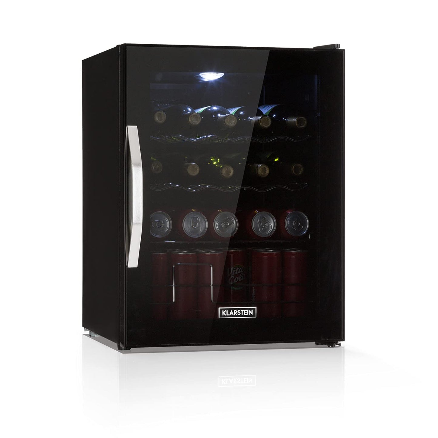 KLARSTEIN Mini Nevera 60L – Puerta de Cristal, Estantes Extraíbles, Bajo Consumo, Iluminación LED, Silenciosa, Negra