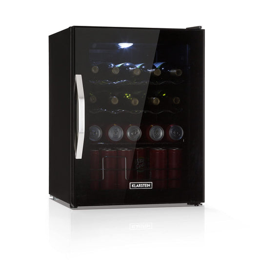 KLARSTEIN Mini Nevera 60L – Puerta de Cristal, Estantes Extraíbles, Bajo Consumo, Iluminación LED, Silenciosa, Negra