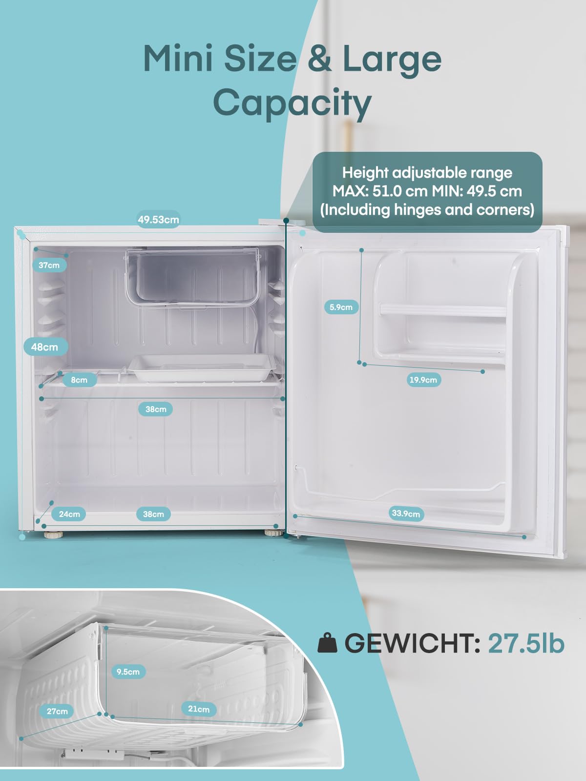 Mini Nevera FOHERE 46L – Bajo Consumo, Silenciosa, Puerta Reversible, Termostato Ajustable, Color Blanco