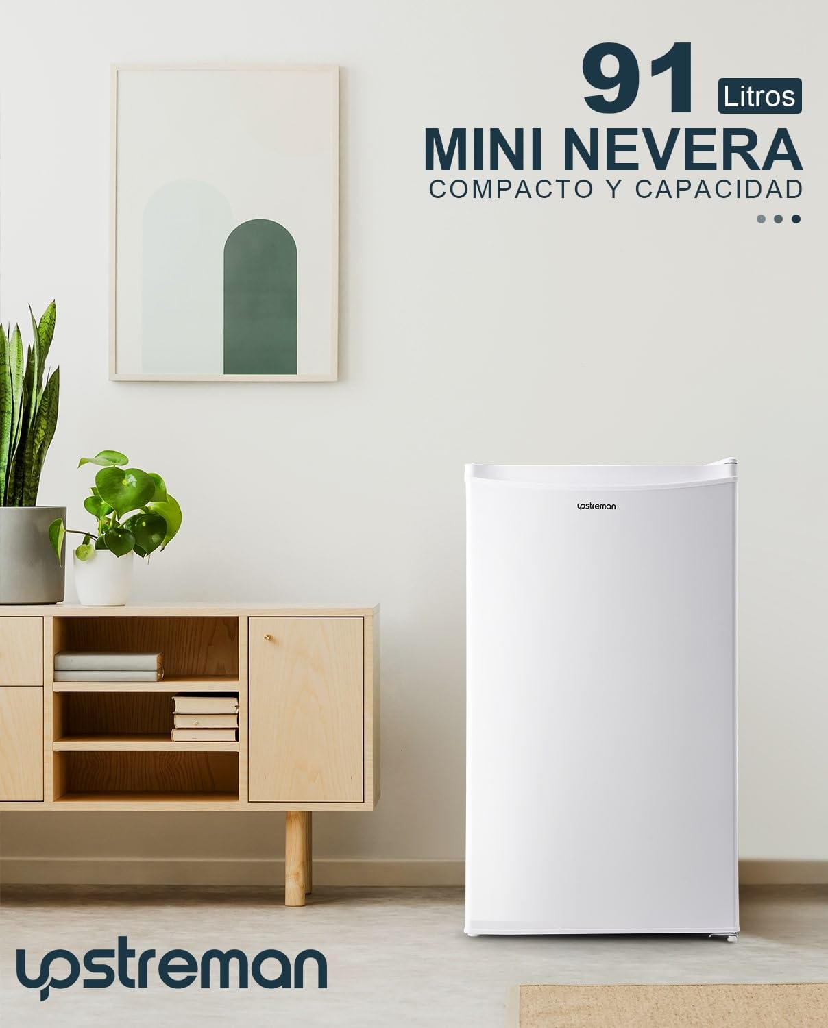 Frigorífico Mini Upstreman BR321 91L con Congelador – Bajo Consumo, Silencioso, Puerta Reversible, Blanco