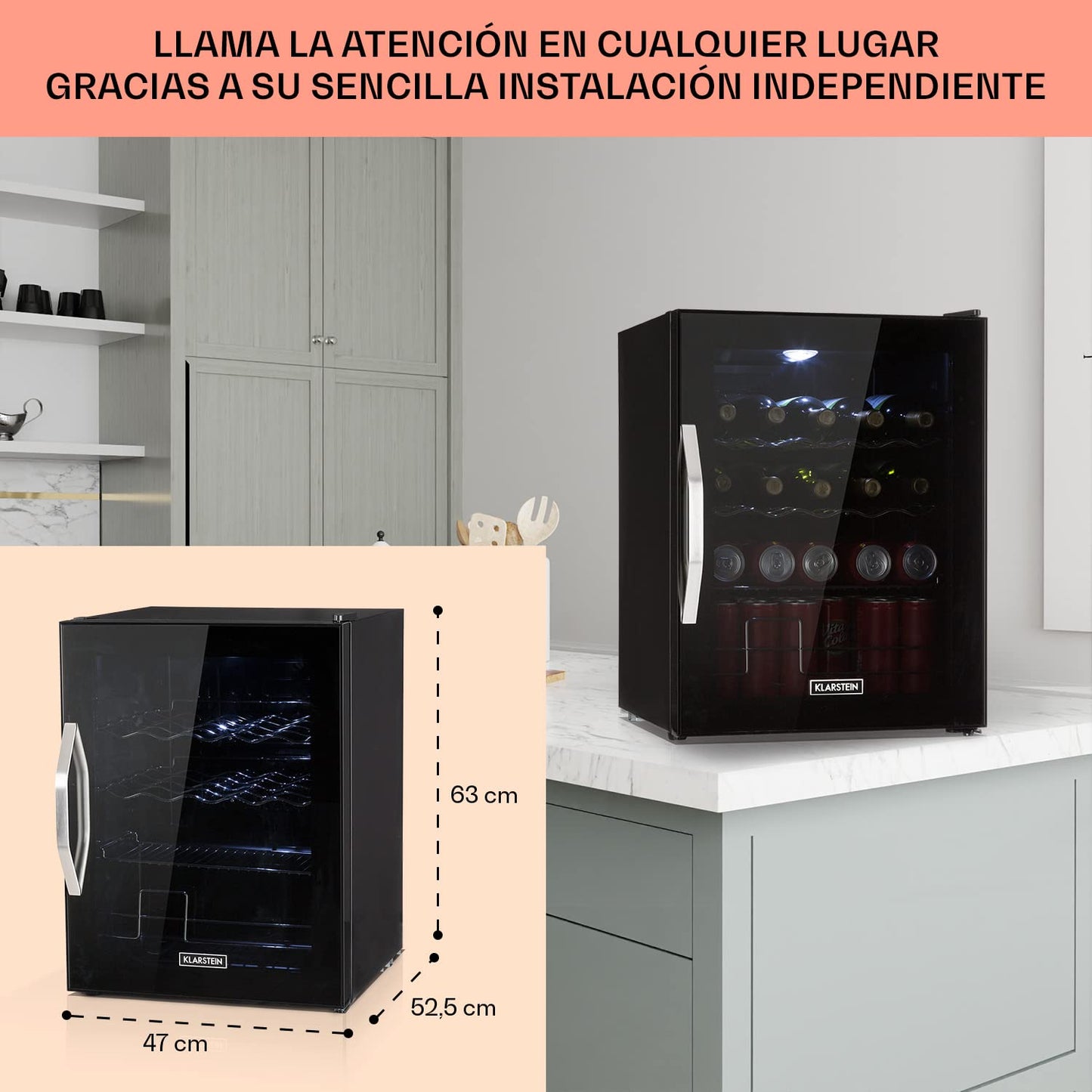 KLARSTEIN Mini Nevera 60L – Puerta de Cristal, Estantes Extraíbles, Bajo Consumo, Iluminación LED, Silenciosa, Negra
