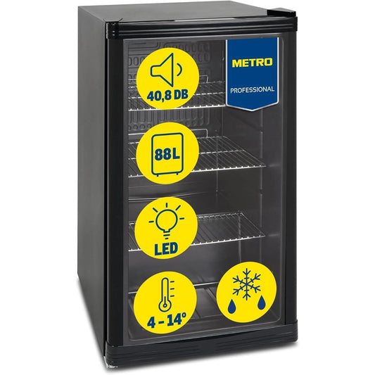 Mini Frigorífico Profesional con Puerta de Cristal – 88 L, Negro, con Estantes Ajustables