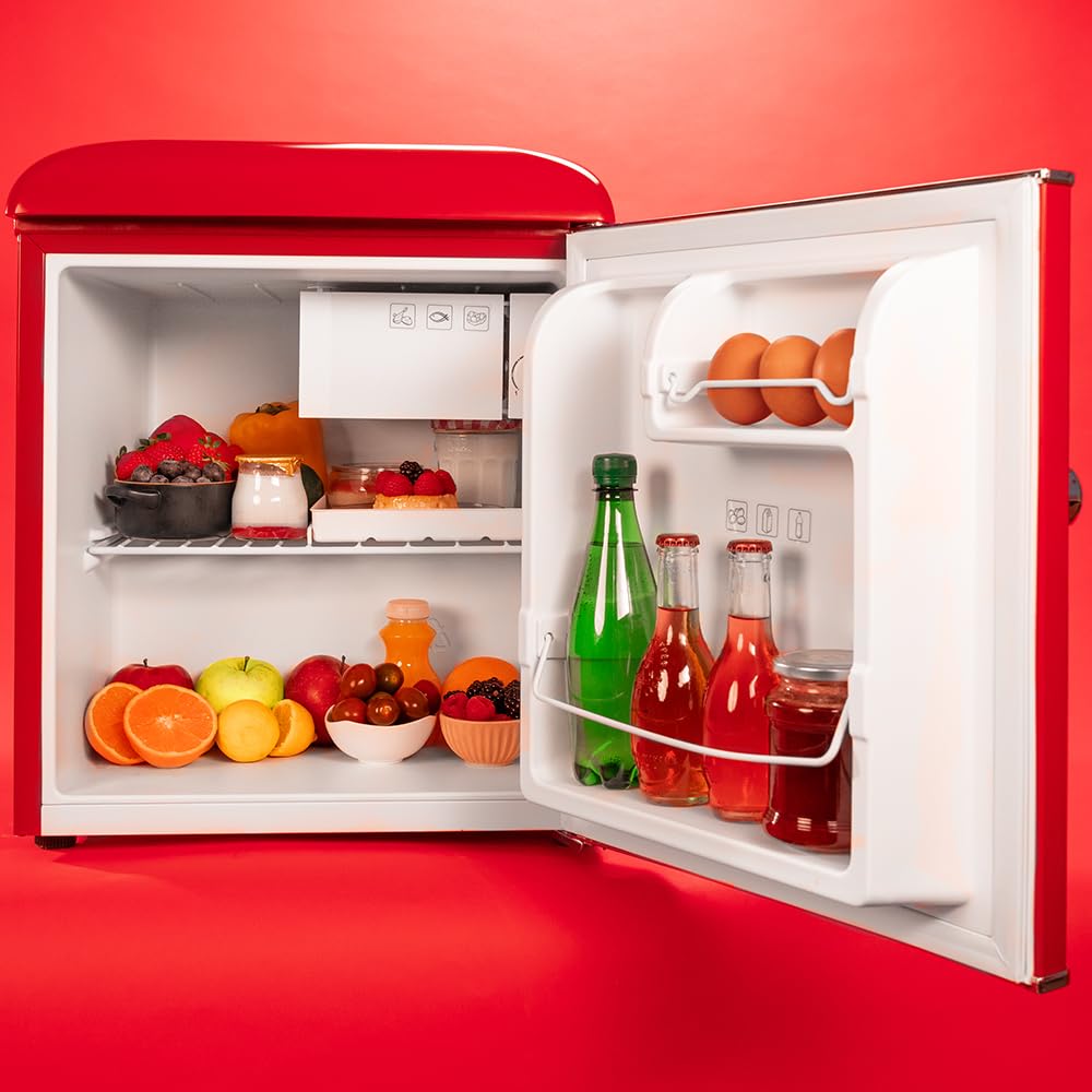 Frigorífico Mini Cecotec Bolero CoolMarket TT Origin 45 – 45L Retro con Icebox, Bajo Consumo y Tirador Cromado, Rojo