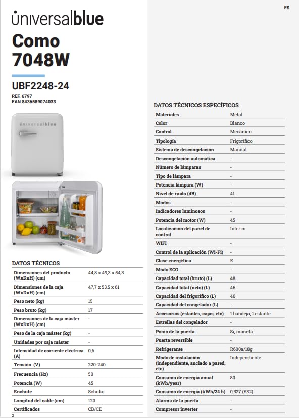 Frigorífico UNIVERSALBLUE COMO 6032W – Mini Bar Retro 48L con Zona Fría y Control Mecánico, Blanco
