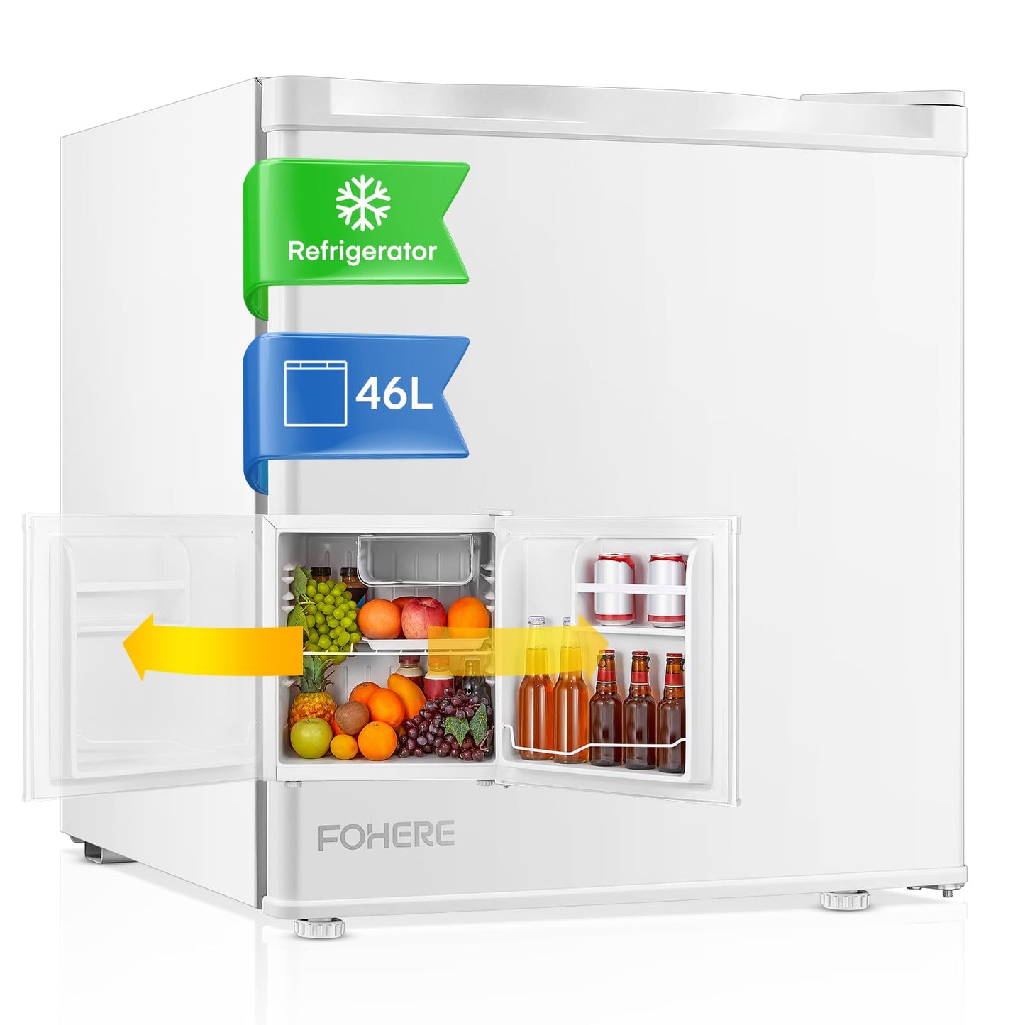 Mini Nevera FOHERE 46L – Bajo Consumo, Silenciosa, Puerta Reversible, Termostato Ajustable, Color Blanco