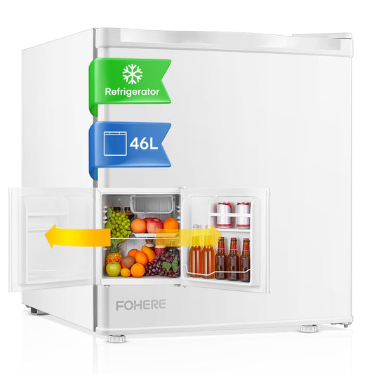 Mini Nevera FOHERE 46L – Bajo Consumo, Silenciosa, Puerta Reversible, Termostato Ajustable, Color Blanco