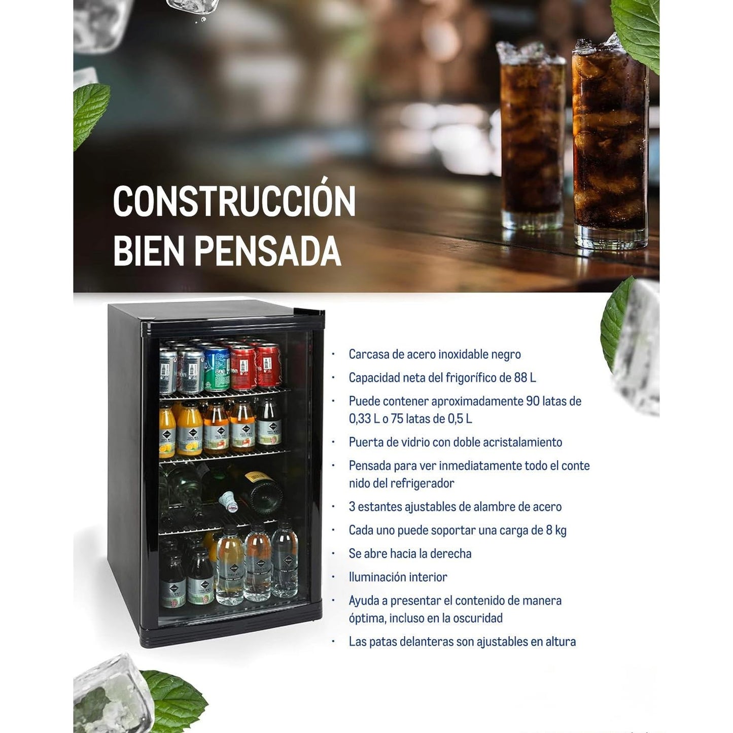 Mini Frigorífico Profesional con Puerta de Cristal – 88 L, Negro, con Estantes Ajustables