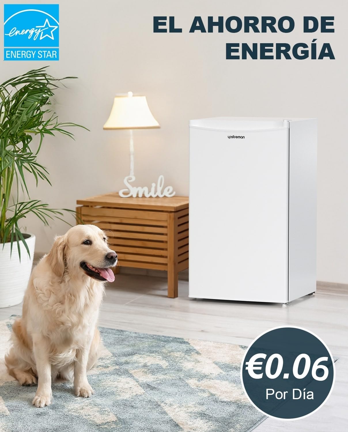 Frigorífico Mini Upstreman BR321 91L con Congelador – Bajo Consumo, Silencioso, Puerta Reversible, Blanco