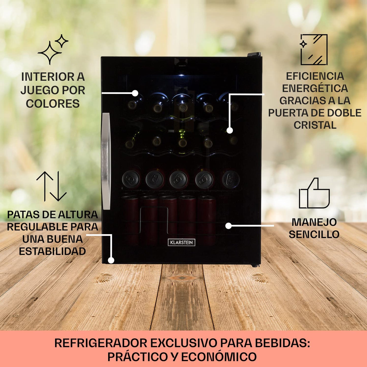 KLARSTEIN Mini Nevera 60L – Puerta de Cristal, Estantes Extraíbles, Bajo Consumo, Iluminación LED, Silenciosa, Negra