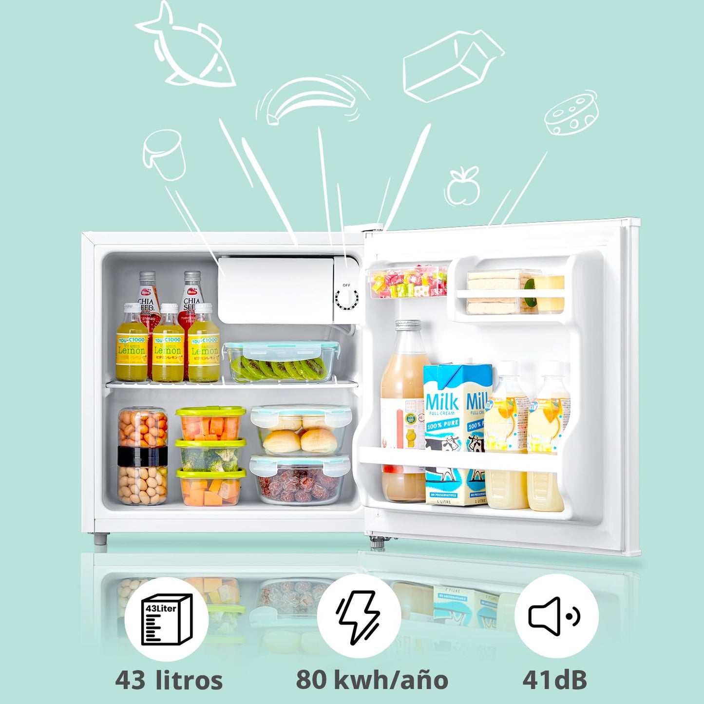 Mini Frigorífico Comfee' RCD50WH2(E) 43L – Puerta Reversible, Bajo Consumo y Funcionamiento Silencioso, Blanco