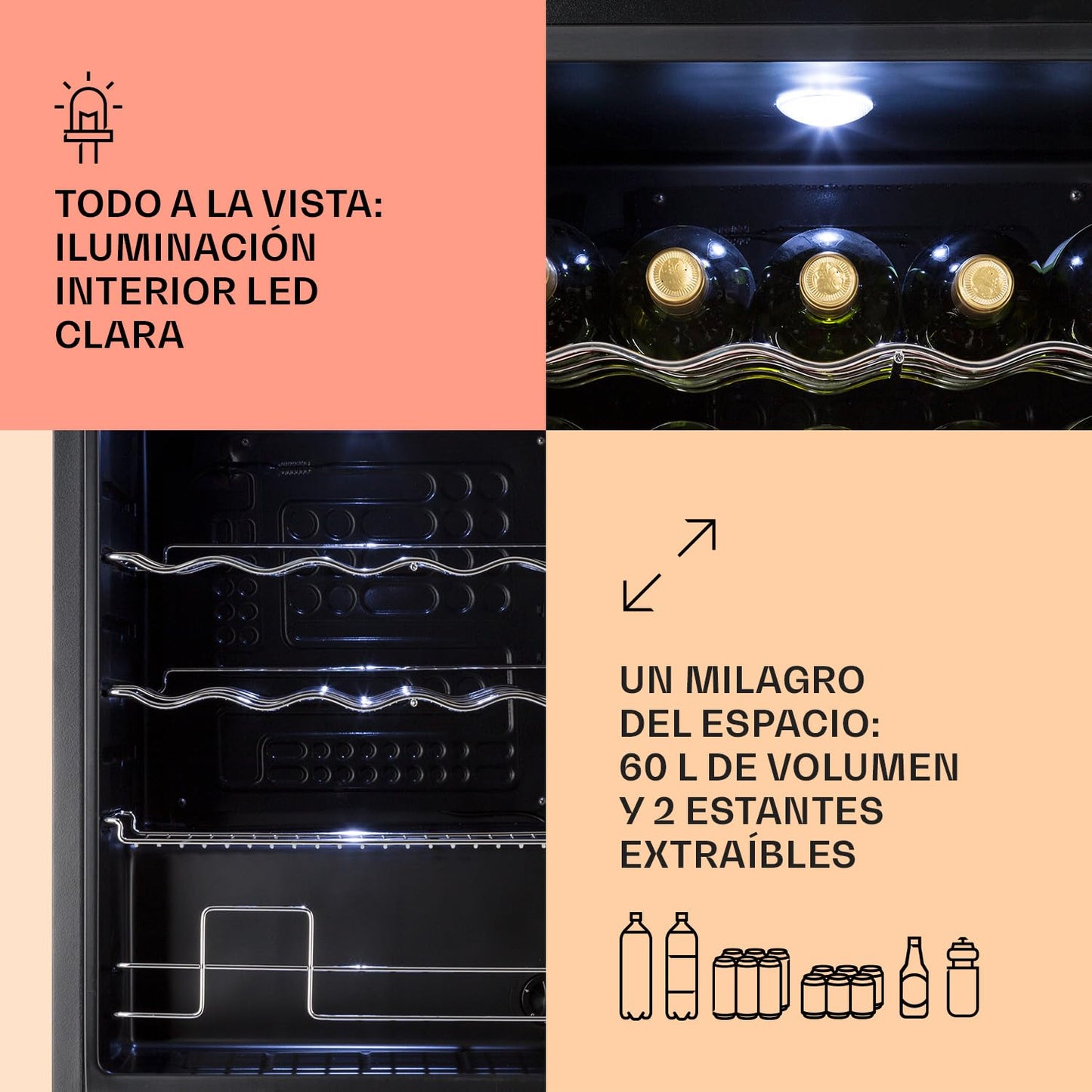 KLARSTEIN Mini Nevera 60L – Puerta de Cristal, Estantes Extraíbles, Bajo Consumo, Iluminación LED, Silenciosa, Negra