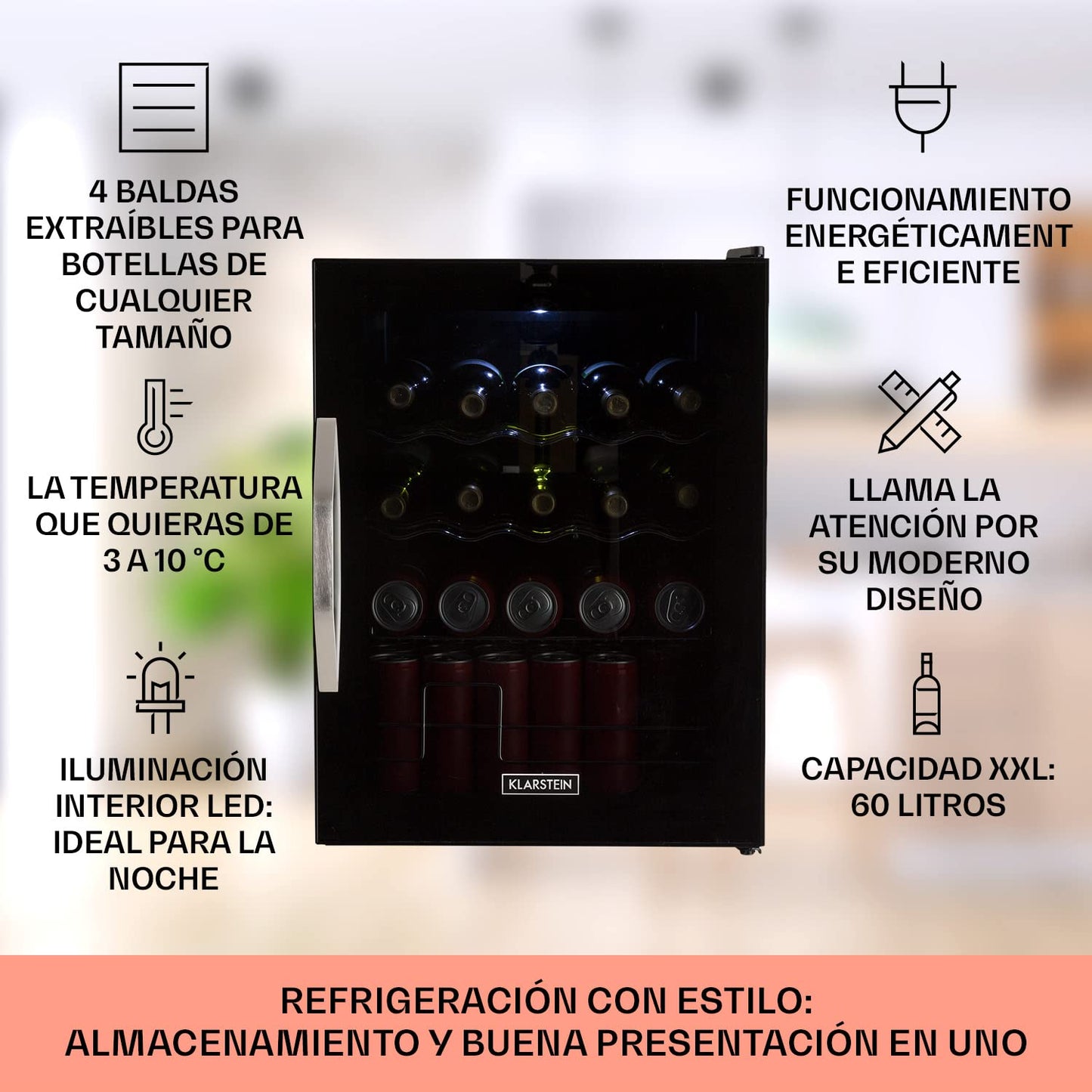 KLARSTEIN Mini Nevera 60L – Puerta de Cristal, Estantes Extraíbles, Bajo Consumo, Iluminación LED, Silenciosa, Negra