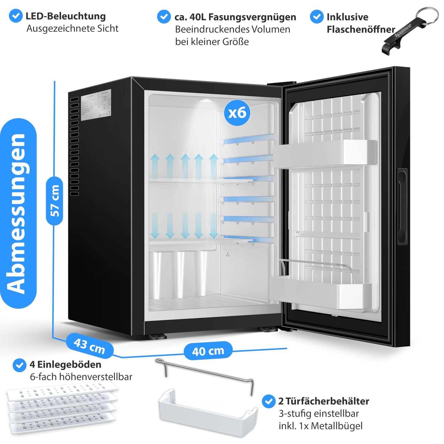 KESSER® Mini Frigorífico 40L – Puerta de Cristal, Silencioso 22dB, Termostato, Cerradura con Llave, Iluminación LED, Negro