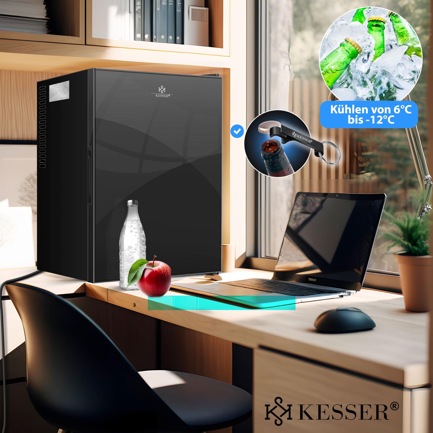 KESSER® Mini Frigorífico 40L – Puerta de Cristal, Silencioso 22dB, Termostato, Cerradura con Llave, Iluminación LED, Negro